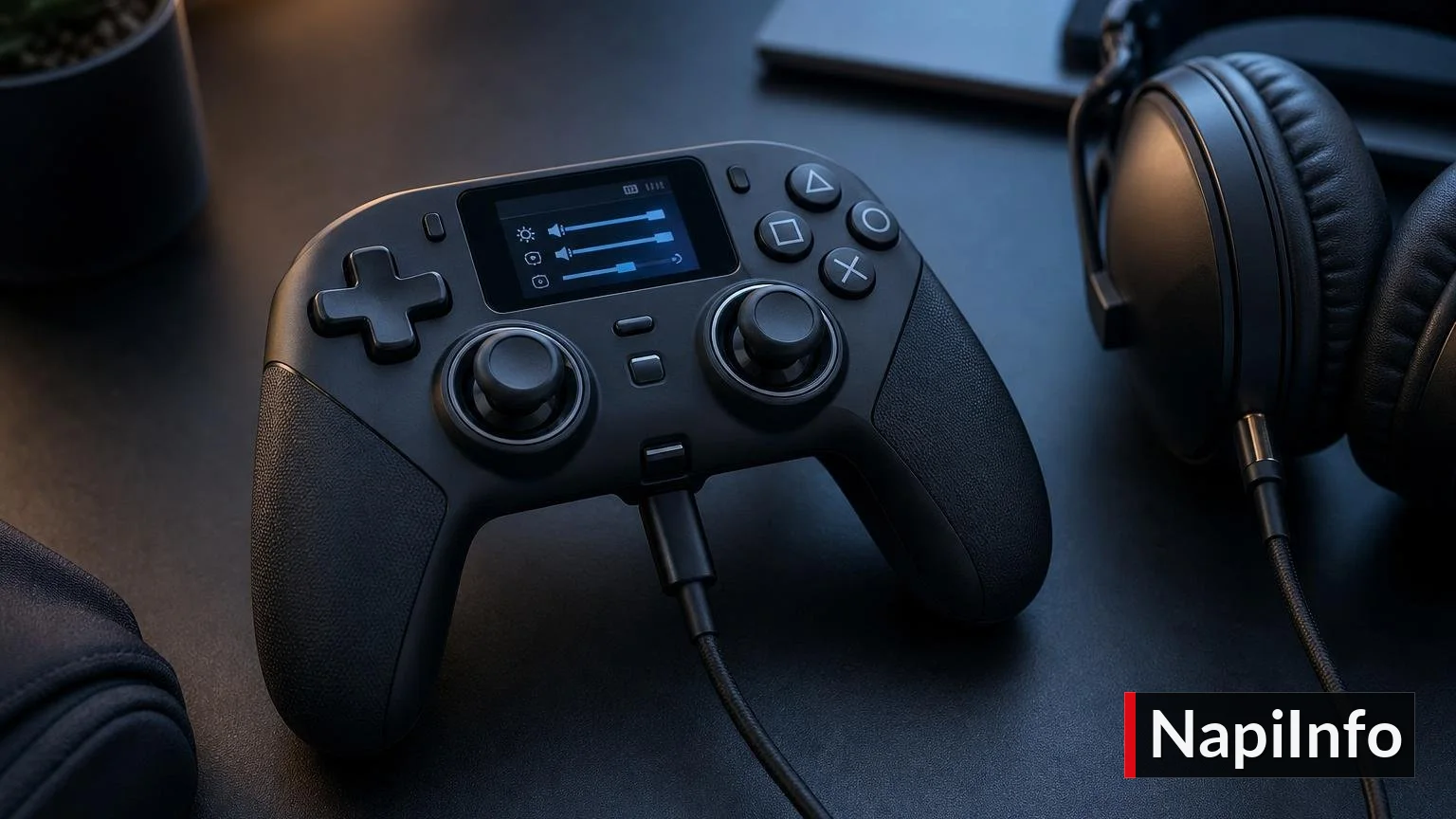 A PS5-kontroller, amelyen a beállítások is helyet kaptak