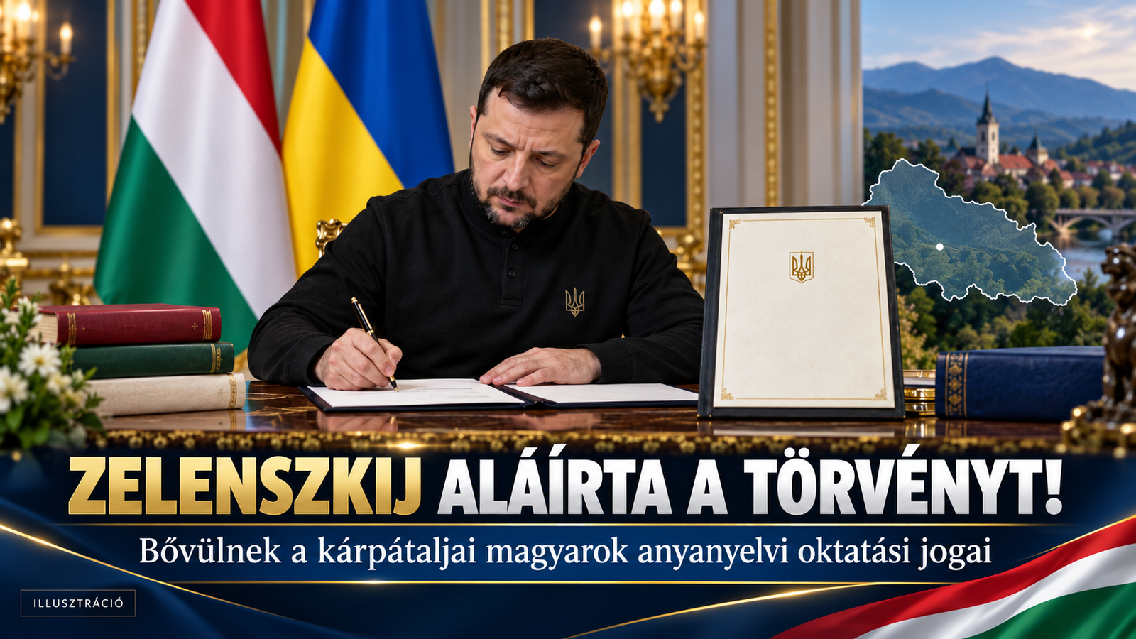 A cikk illusztrációja: Zelenszkij aláírta a módosítást: az ukrán mellett garantálják a magyar nyelv iskolai használatát