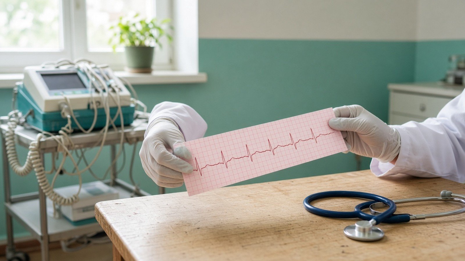 Orvos kesztyűs keze EKG-csíkot tart egy rendelőben, az asztalon sztetoszkóp, mögötte EKG-készülék.