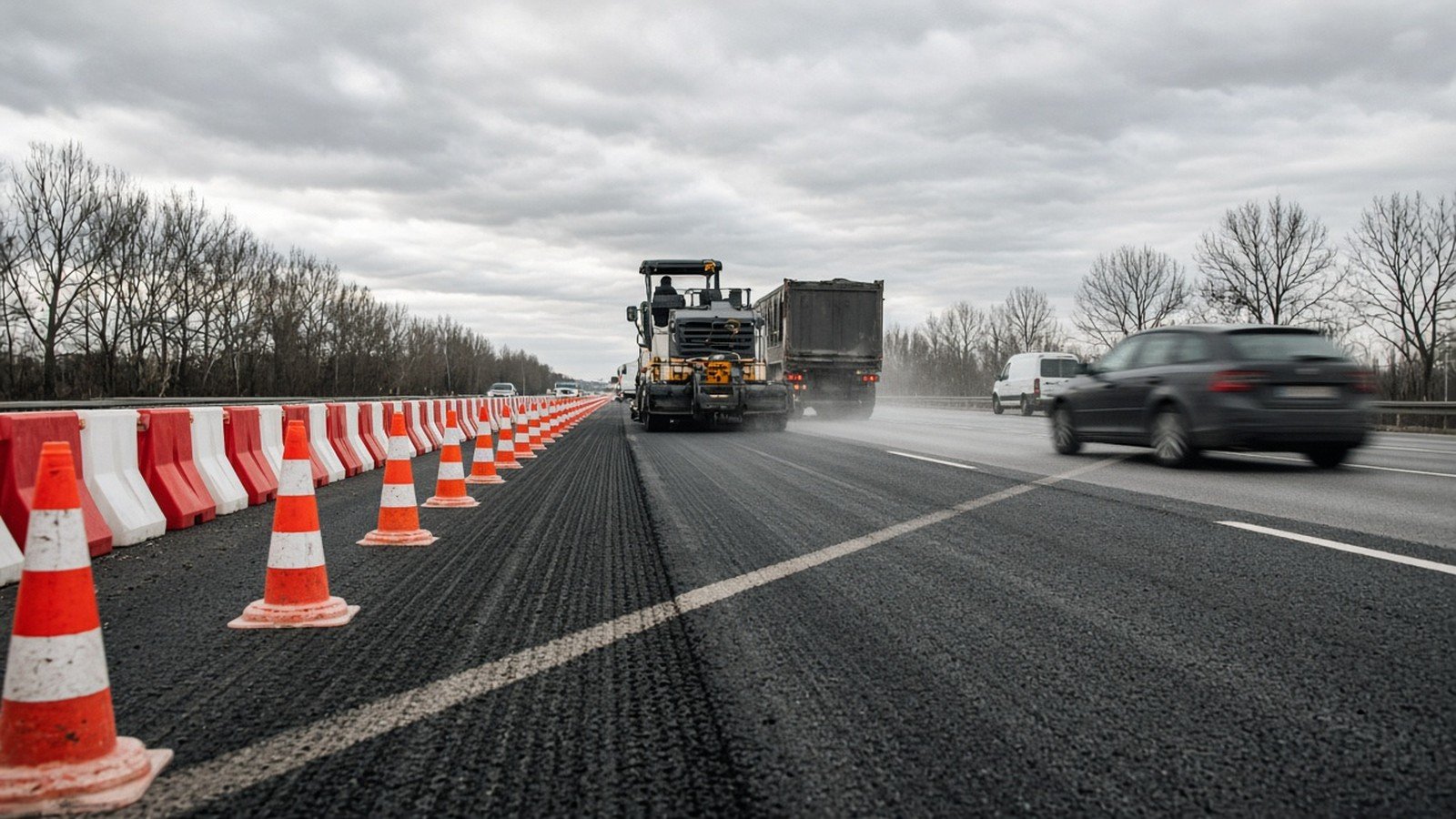 Lezárt autópályasáv narancssárga terelőbólyákkal, a háttérben aszfaltozógép dolgozik, mellette autók haladnak.