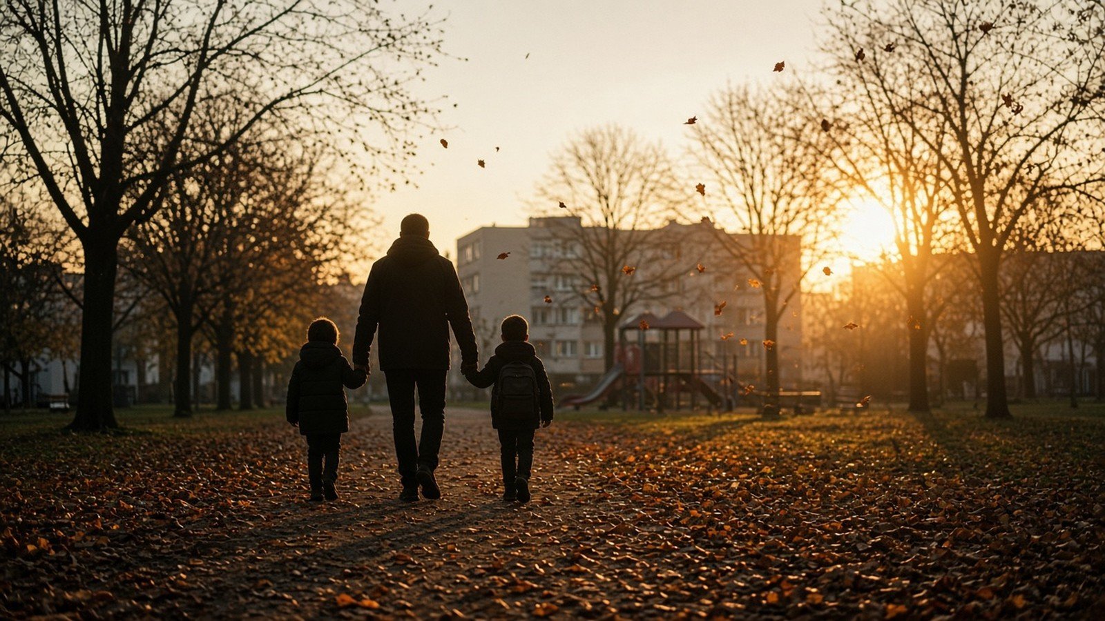 Szülő két kisgyerekkel kézen fogva sétál egy őszi lakótelepi parkban, ellenfényben, lehulló levelek között.