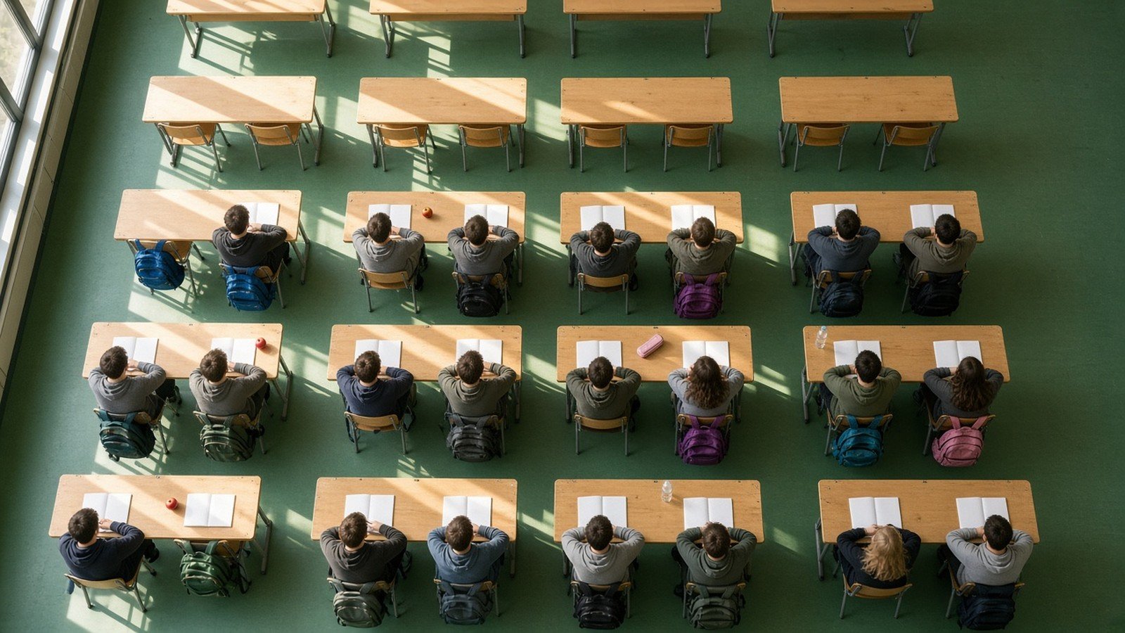 Napfényes gimnáziumi tanterem felülről: padsorokban ülő diákok hátulról, előttük füzetek, a székeken színes hátizsákok.