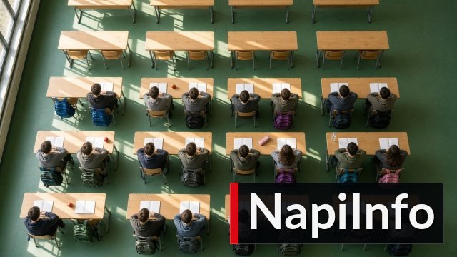 Napfényes gimnáziumi tanterem felülről: padsorokban ülő diákok hátulról, előttük füzetek, a székeken színes hátizsákok.